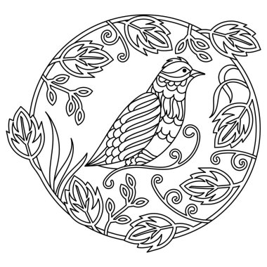 El çizimi boyama sayfası. Yuvarlak çerçeveli, yapraklı şirin bir kuş. Karalama siyah beyaz arka plan. Yetişkinler ve büyük çocuklar için Vektör Boyama Kitabı.