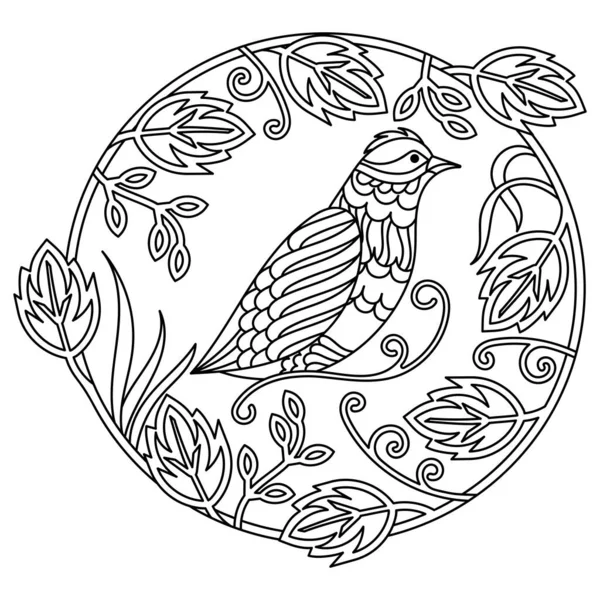 Розмальовка Намальована Вручну Милий Птах Круглій Рамці Листям Чорно Білий — стоковий вектор