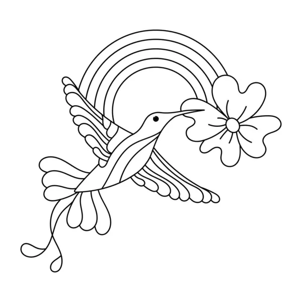 Målarbok för barn, Kolibrier och regnbågar. Svart och vit kontur vektor illustration — Stock vektor