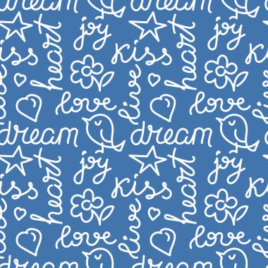 Kusursuz desen. Elle çizilen olumlu kelimeler Aşk Rüyası. Paket kağıdı için harflerle vektör arkaplanı, mavi üzerine kumaş