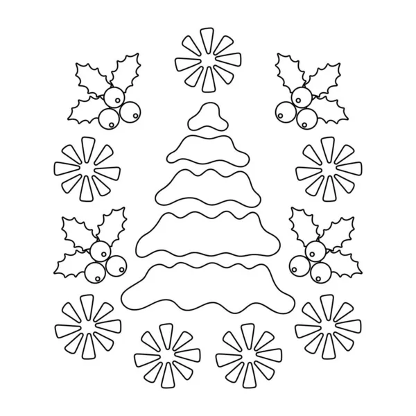 Bayas Hojas Acebo Composición Del Árbol Navidad Libro Para Colorear — Vector de stock