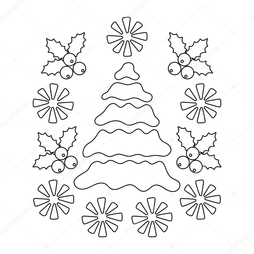Berries and Holly leaves, Christmas tree composition. Coloring book for children and adults. Vector illustration