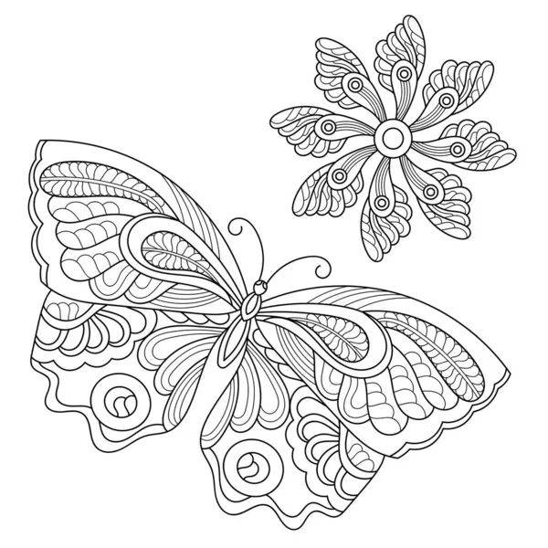 Libro Para Colorear Para Adultos Mariposa Flor Ilustración Vectorial Dibujada — Archivo Imágenes Vectoriales