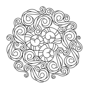 Deniz mandalalı boyama kitabı, el çizimi dalgalar ve deniz kabukları. Yetişkinler ve büyük çocuklar için boyama kitabı. Vektör illüstrasyonu