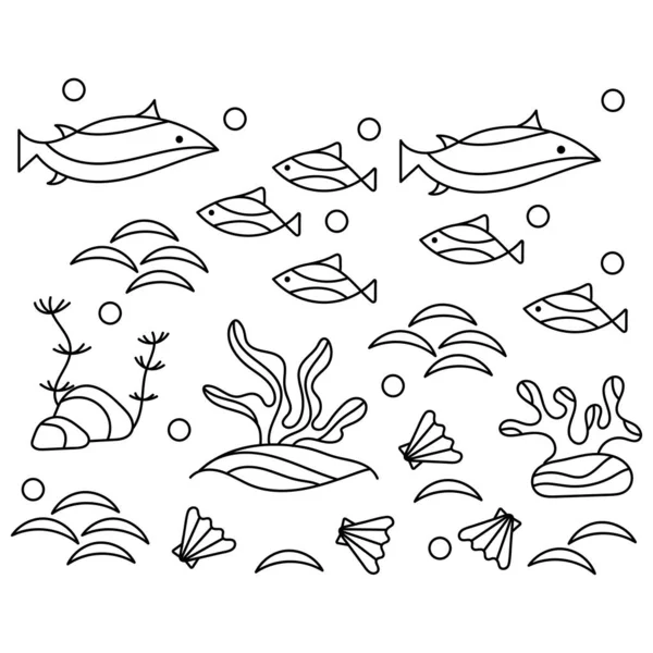 水中世界着色ページ 藻魚の殻 手描きベクトルぬり絵背景 — ストックベクタ