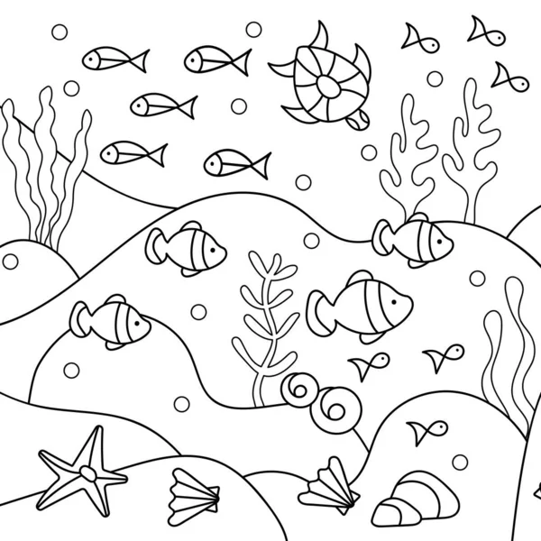 Coloriages Monde Sous Marin Algues Poissons Tortues Marines Coquilles Livre — Image vectorielle