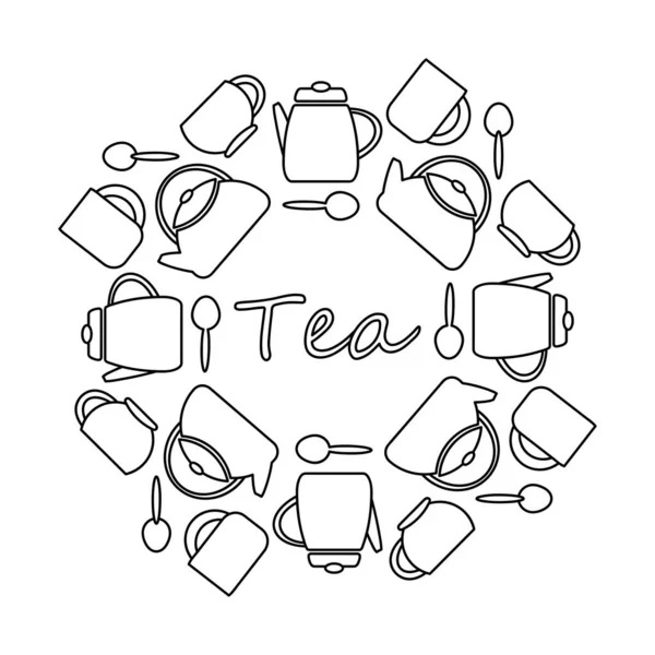 Рамка Раскраски Книг Столовые Приборы Чайник Чайные Чашки Векторный Шаблон — стоковый вектор