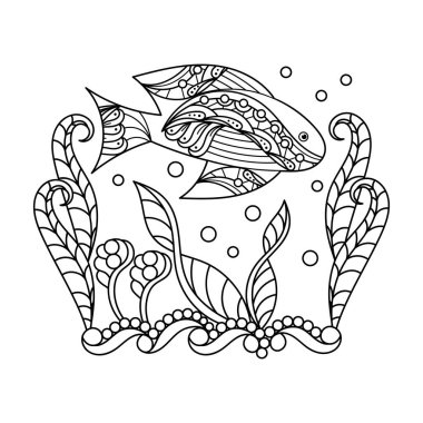 Sualtı boyama sayfası. Vektör Balık Boyama Kitabı. Çizim biçimi ile illüstrasyon.
