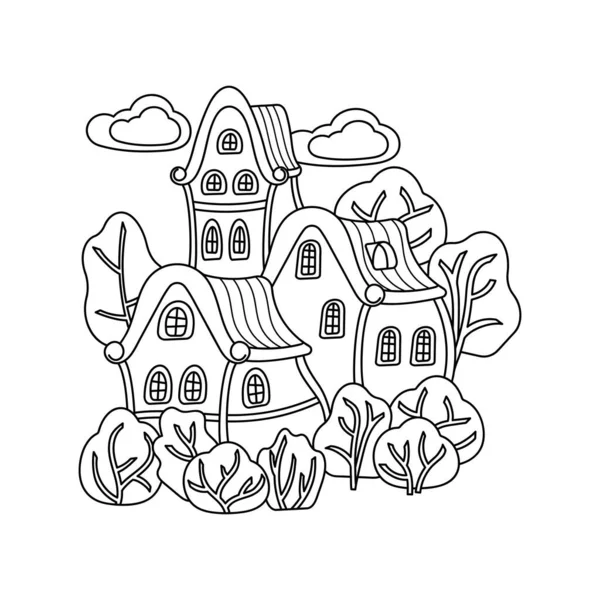 Paisaje Urbano Para Colorear Página Del Libro Casas Hadas Árboles — Vector de stock