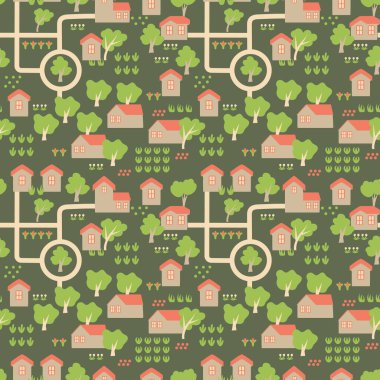 Çocuklar için kusursuz bir model. Çizgi film yolları ve evler. Çocuk kumaşı, tekstil, yatak. Vektör haritası