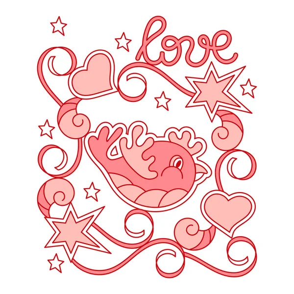 Valentine Day Card Love Bird Hearts Stars Hand Drawn Illustration — Stock vektor