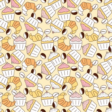 Kusursuz desen. Kek kruvasan, tatil için kahve çekirdeği. Kumaş, ambalaj ve diğer yüzeyler için vektör arkaplan. Fırın, kafe, restoran, dükkan..