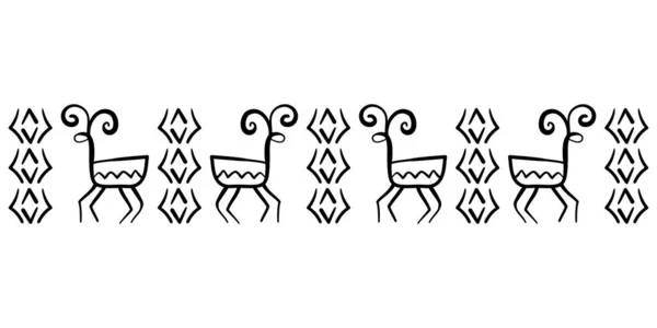 野生動物と洞窟の装飾 手描きベクトル鹿と横方向の境界 — ストックベクタ