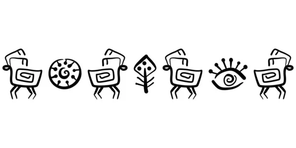 野生動物と洞窟の装飾 手描きベクトル鹿と横方向の境界 — ストックベクタ