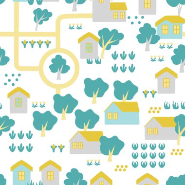 Çocuklar için kusursuz bir model. Vektör haritası. Çizgi film yolları ve evler. Çocuk kumaşı, tekstil, yatak.