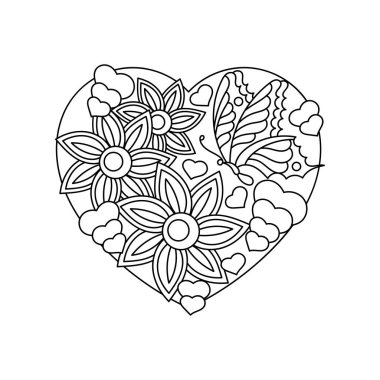 Hand-drawn Love pattern. Coloring book page. Line art with hearts , butterfly and flowers. Detailed black and white background.