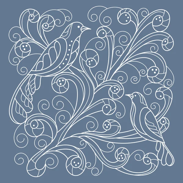 Ręcznie Rysowane Ptaki Fantastyczne Drzewo Doodles Niebieski Biały Wektor Ilustracja — Wektor stockowy