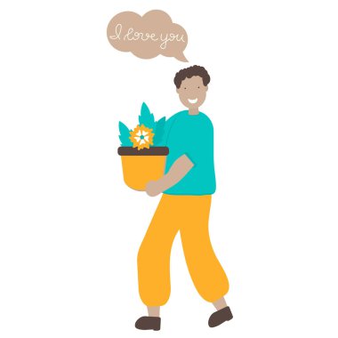 Genç bir adam saksıda çiçek taşır. Yazıt. Seni seviyorum. Vektör düz çizim. Bir tebrik kartı..