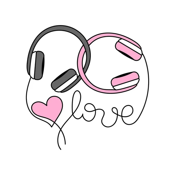 爱。情人节贺卡。女孩和男孩耳机，心脏 — 图库矢量图片