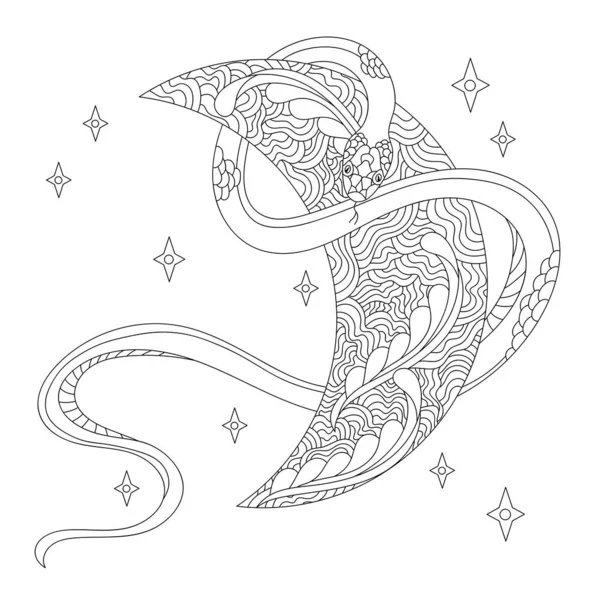Χειροποίητο Φίδι Και Φεγγάρι Χρωματισμός Σελίδας Για Ενήλικες Γραμμική Απεικόνιση — Διανυσματικό Αρχείο
