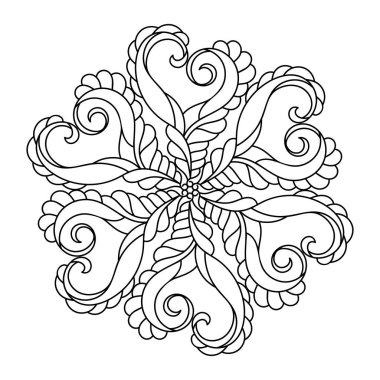 Yetişkin ve çocuklar için boyama kitabı sayfası. Modern çiçekli mandala çiçeği, el çizimi desenli. Vektör soyut siyah ve beyaz mandala motifi, tasarım için dekoratif element.