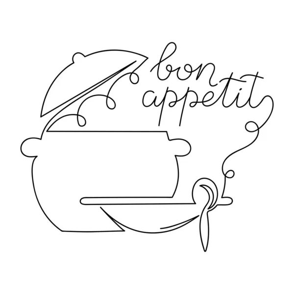Continuous Linear Drawing Inscription Bon Appetit Pot Lid Plate 배경에 로열티 프리 스톡 벡터