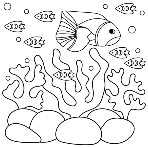 子供のための水中着色本のページ 魚やサンゴ 水中世界 ベクターイラスト — ストックベクタ