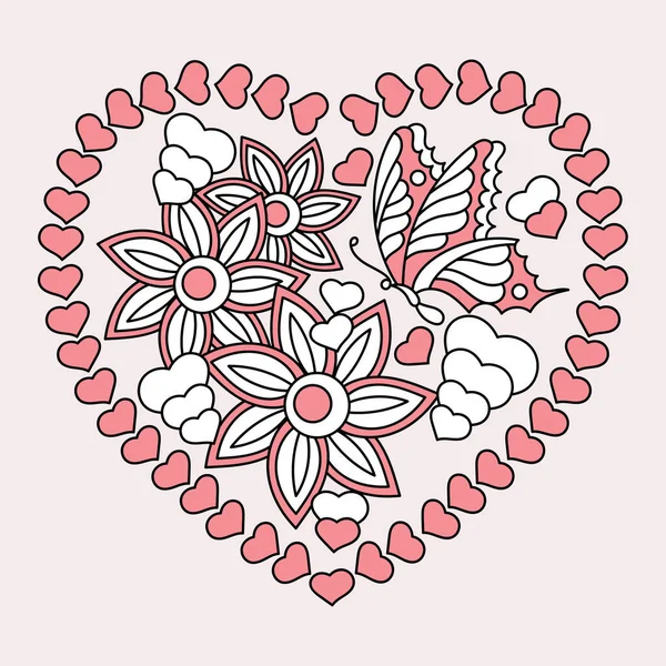 Cartoon Hand Drawn Love Pattern Line Art Hearts Flowers Butterfly — Stock Vector