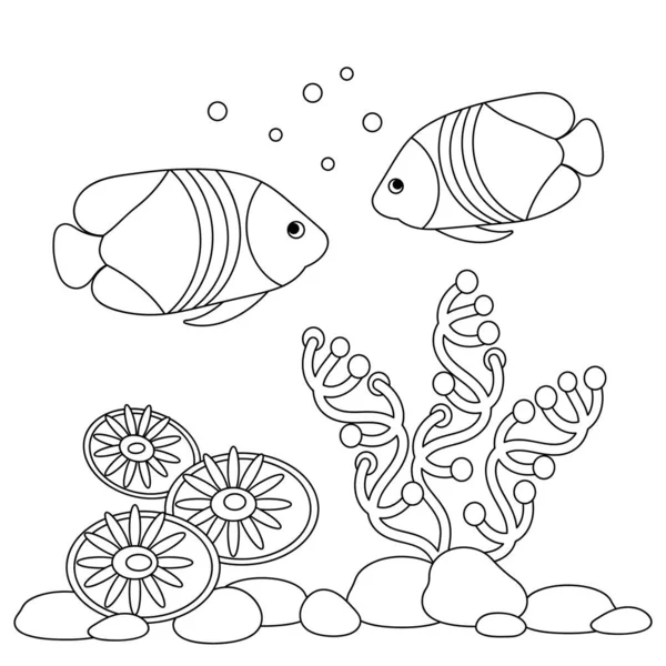 水の下で 大人と子供のためのぬりえブックページ 海洋ベクトルモチーフ 水中世界 川の落書き 魚や植物 モノクローム 水族館 — ストックベクタ