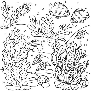 Yetişkinler için sualtı manzara boyama kitabı. El çizimi Vektör illüstrasyonu.