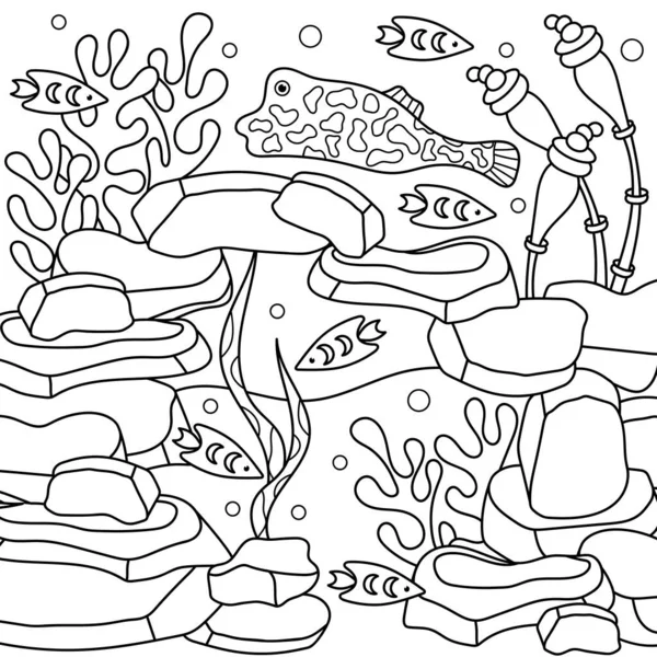 Coloriage Grotte Sous Marine Poissons Éponges Animales Plantes Profondes Illustration — Image vectorielle