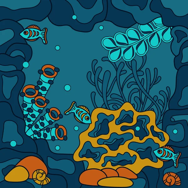 動物のスポンジや深い植物と水中洞窟 手描きベクトルカラフルなイラスト 海の風景 — ストックベクタ
