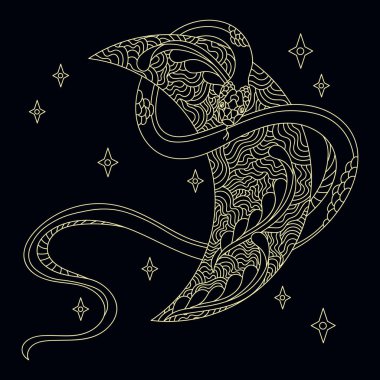 El yapımı Yılan ve Ay. Altın ve koyu mavi vektör çizimi.