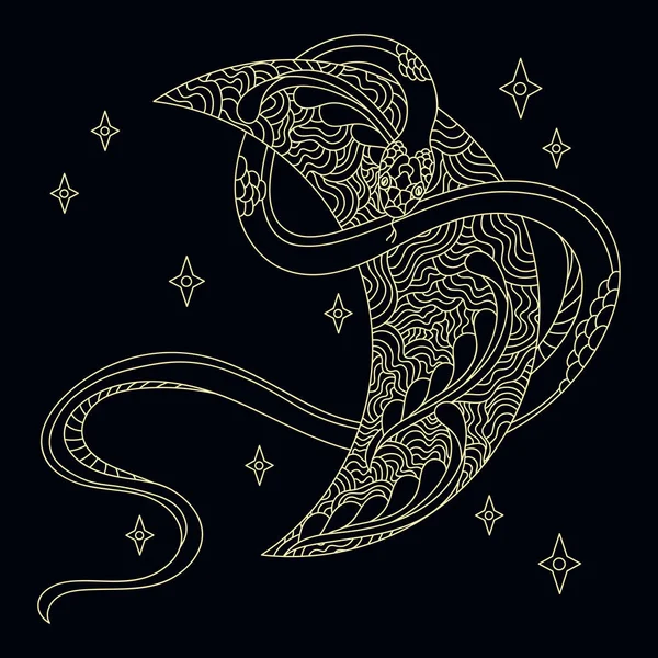 Serpiente Luna Dibujadas Mano Ilustración Vectorial Oro Azul Oscuro — Vector de stock