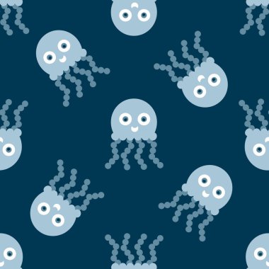 Çizgi film düz ahtapot desenli kusursuz desen. Su altı dünyası, hayvanlar. Bebek kumaşı ve diğer yüzey için baskı. Mavi arkaplanda vektör illüstrasyonu