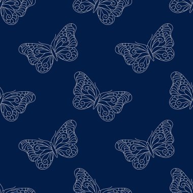 Elle çizilmiş Kelebek 'in kusursuz arka planı. Mavi ve beyaz vektör illüstrasyonu