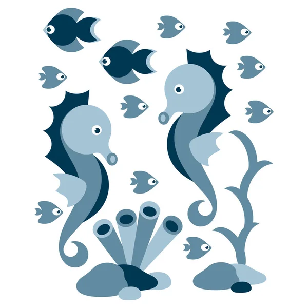 Bonito Caballito Mar Animales Dibujos Animados Agua Plantas Submarinas Peces — Vector de stock