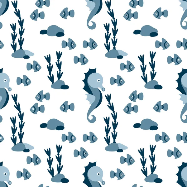 Nahtloses Muster Unter Wasser Mit Seepferdchen Pflanzen Und Fischen Vektor — Stockvektor