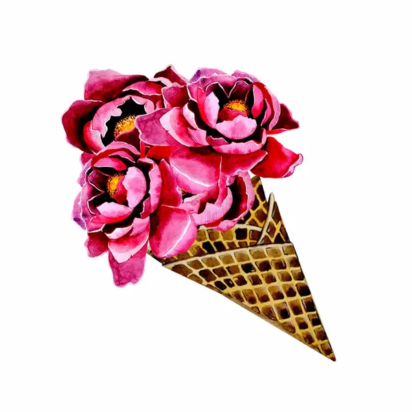 バレンタインデーのための要素の水彩セット。手描きのアイスクリーム、ケーキ、クッキー。結婚式の招待状、グリーティングカードのデザインに最適です。. — ストック写真