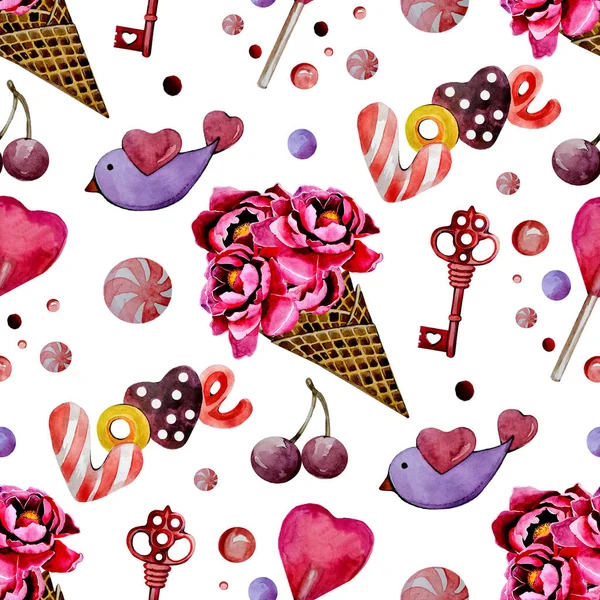 Naadloos patroon. Roze attributen op een witte achtergrond. Valentijnsdag. Aquarel — Stockfoto