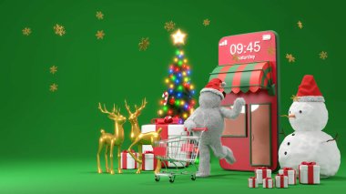 Noel veya Yeni Yıl 'da e-ticaret konsepti, mobil uygulama üzerinden alışveriş ve dağıtım hizmeti..