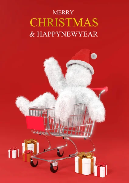 圣诞插图 购物车上挂着戴着圣诞老人帽子的白色毛茸茸的红色野兽卡通画 — 图库照片