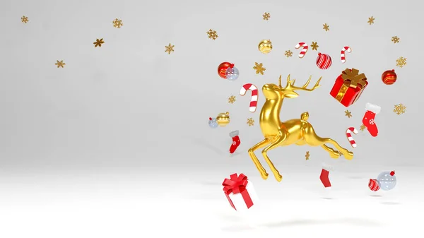圣诞快乐 新年快乐 圣诞节现实的金属金黄色鹿 假日圣诞背景 3D渲染 — 图库照片