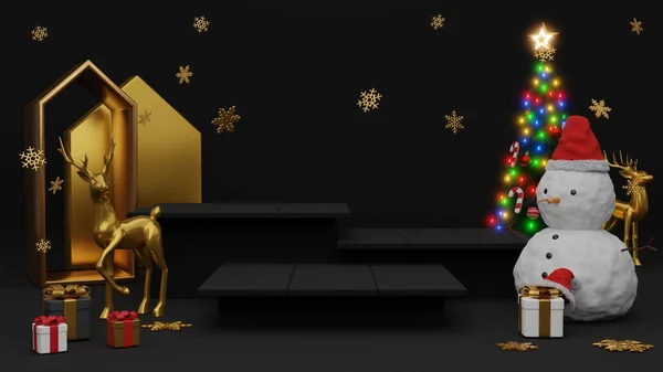 圣诞快乐 新年快乐 抽象的最小设计 几何圣诞树 礼品盒 空荡荡的圆形写实主义舞台 3D渲染 — 图库照片