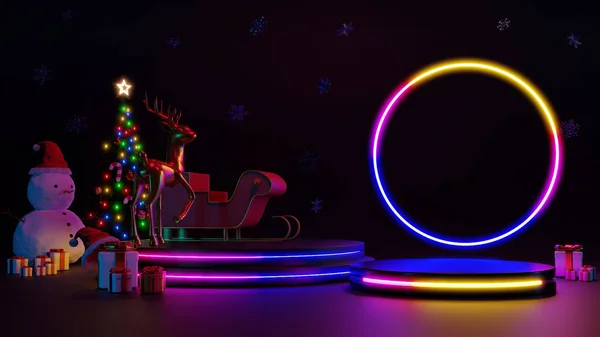 メリークリスマスとハッピーニューイヤー 抽象最小限のデザイン ネオンライトクリスマスツリー ギフトボックス 空のラウンド現実的なステージ 表彰台 3Dレンダリング — ストック写真