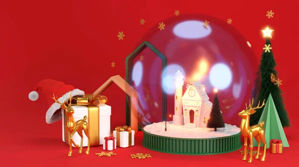 祝您新年快乐 圣诞快乐 玻璃雪球现实3D设计 圣诞节的礼物 3D渲染 — 图库照片