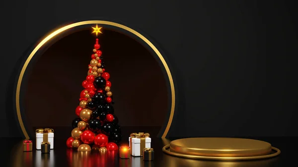 圣诞快乐 祝2022年新年快乐 抽象简约设计 霓虹灯圣诞树 礼品盒 空圆形写实主义舞台 3D渲染 — 图库照片
