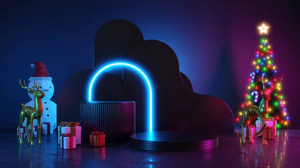 圣诞快乐 祝2022年新年快乐 抽象简约设计 霓虹灯圣诞树 礼品盒 空圆形写实主义舞台 3D渲染 — 图库照片