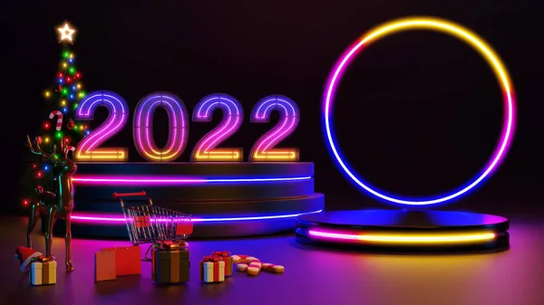 Merry Christmas Happy New Year 2022 Abstract Minimal Design Neon — Stock Photo, Image
