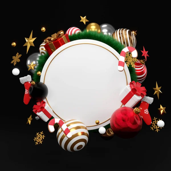白色圆形花环 圣诞和新年装饰品 金光闪闪的球 3D渲染 — 图库照片